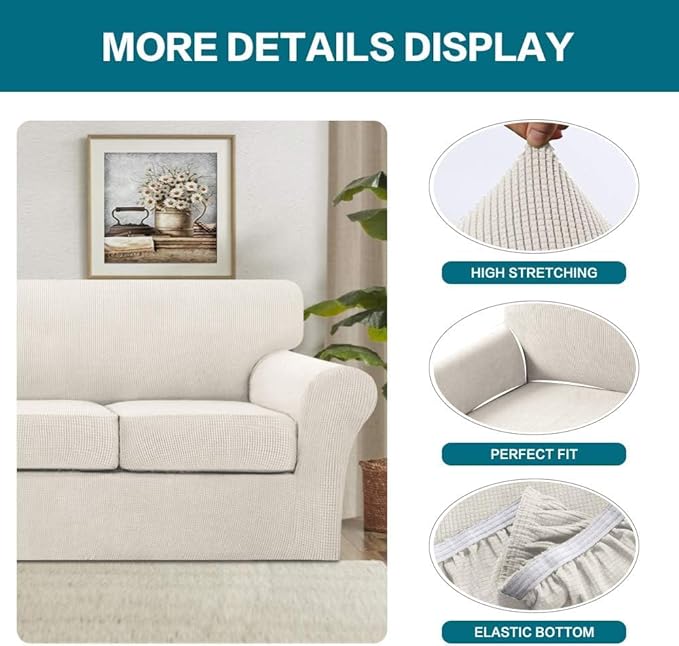 Turquoize 4 Piece Sofa Covers for 3 Cushion Couch Sofa Slipcover Soft Couch Cover for Dogs Washable Furniture Cover with 3 Individual Large Cushion Covers Feature Fabric (Large Sofa, Ivory)