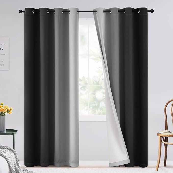 SimpleHome Ombre 100% Blackout Curtains for Bedroom 84 Inches Long, Black with White Liner Room Darkening Thermal Insulated Grommet Curtain/Drapes for Living Room,2 Panels Set