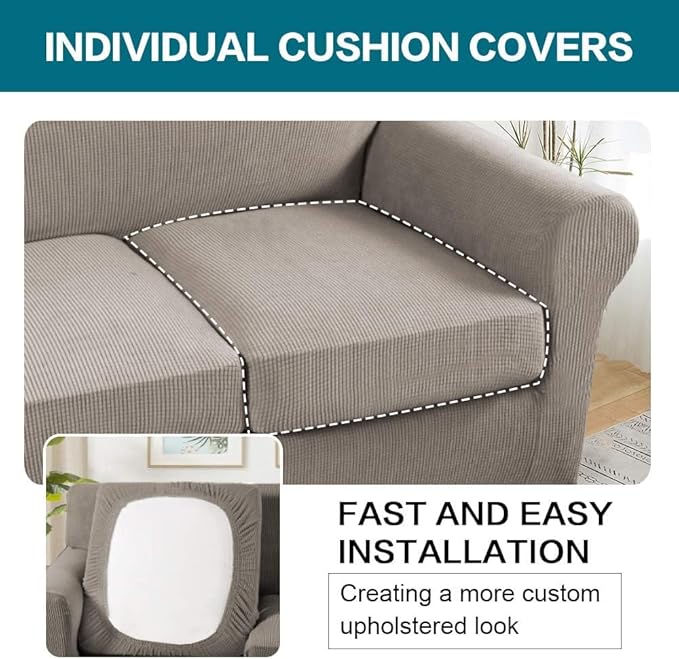 Turquoize 4 Piece Sofa Covers for 3 Cushion Couch Sofa Slipcover Soft Couch Cover for Dogs Washable Furniture Cover with 3 Individual Large Cushion Covers Feature Fabric (Large Sofa, Taupe)