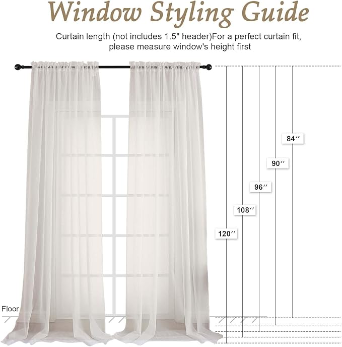 OVZME Ivory Bedroom Curtains 96 Length for Farmhouse, 59 Inch Extra Wide Light Filtering Voile Drapes Light Airy Window Decor for Patio Door Living Room Bedroom Dining, 59Wx96L Inches