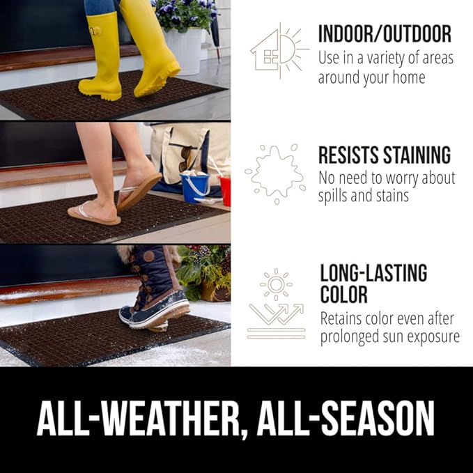 GORILLA GRIP 100% Waterproof All-Season WeatherMAX Doormat, 60x24, US Designed Natural Rubber, Stain and Fade Resistant, Low Profile Indoor Outdoor Door Mats, Easy Clean Patio Mat, Coffee Squares