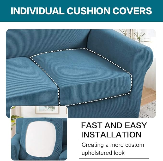 Turquoize 4 Piece Sofa Covers For 3 Cushion Couch Sofa Slipcover Soft Couch Cover For Dogs-Washable Sofa Furniture Covers With 3 Individual Cushion Covers, Jacquard Fabric (3 Cushion Sofa, Dusty Blue)