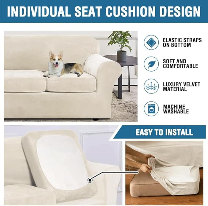 H.VERSAILTEX Real Velvet Plush 3 Piece Stretch Sofa Covers Couch Covers for 2 Cushion Couch Sofa Slipcovers Width Up to 90 Inch Feature Thick Soft Stay in Place (Large Sofa, Ivory)