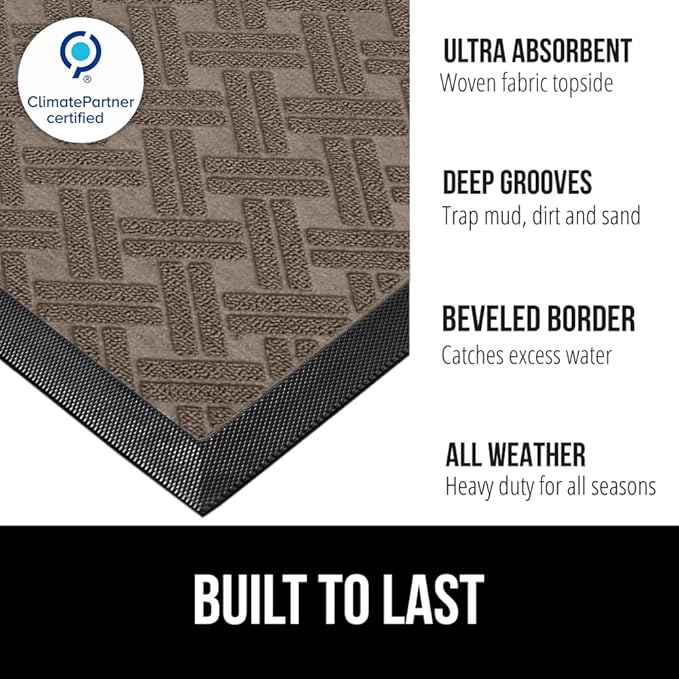 GORILLA GRIP 100% Waterproof All-Season WeatherMAX Doormat, 47x35, US Designed Natural Rubber, Stain and Fade Resistant, Low Profile Indoor Outdoor Door Mats, Easy Clean Patio Mat, Taupe Basket Weave