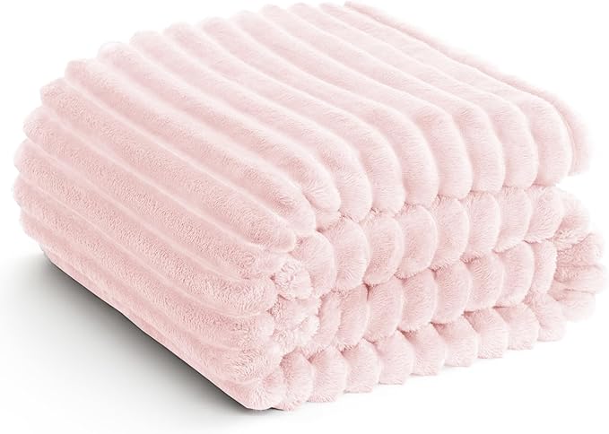 HIMEET Pink Ribbed King Size Blanket for Bed - 300GSM Lightweight Fleece Blanket for Men Women, Large Cozy Sofa Couch Bed Blankets Gifts, Striped Spring Home Room Decor, Pink, 108x90 Inches