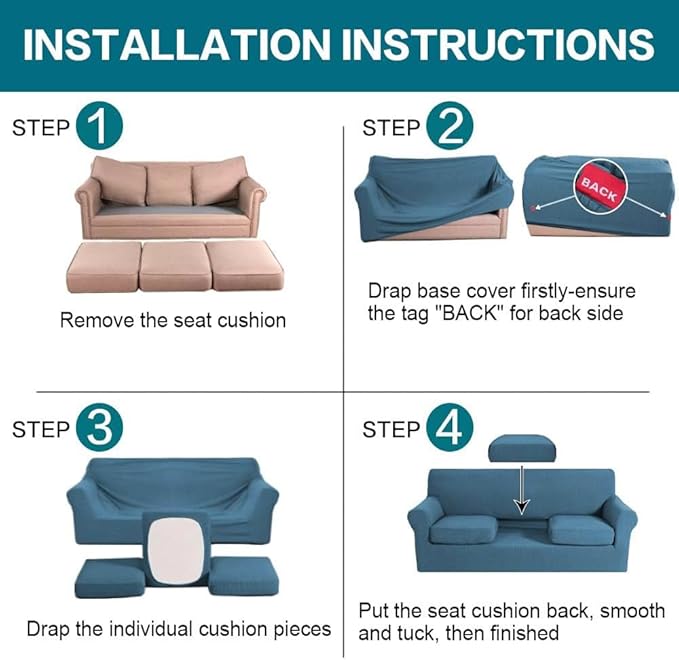 Turquoize 4 Piece Sofa Covers For 3 Cushion Couch Sofa Slipcover Soft Couch Cover For Dogs-Washable Sofa Furniture Covers With 3 Individual Cushion Covers, Jacquard Fabric (3 Cushion Sofa, Dusty Blue)