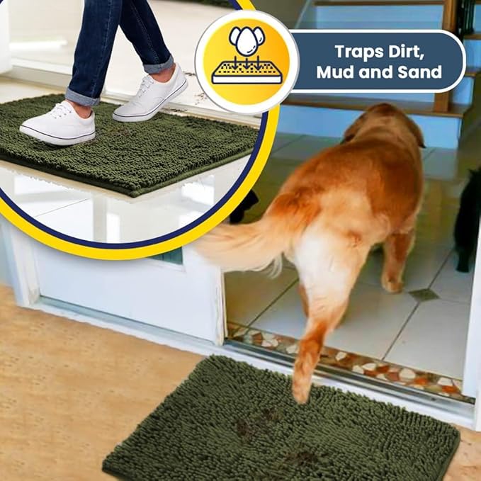 Muddy Mat® | Super Absorbent Door Mat Indoor, Microfiber Quick Dry Chenille Entryway Rug, Non-Slip Front Door Mat, Indoor Mats for Entryway, Machine Washable Pet Rug, Army Green 24" x 120"