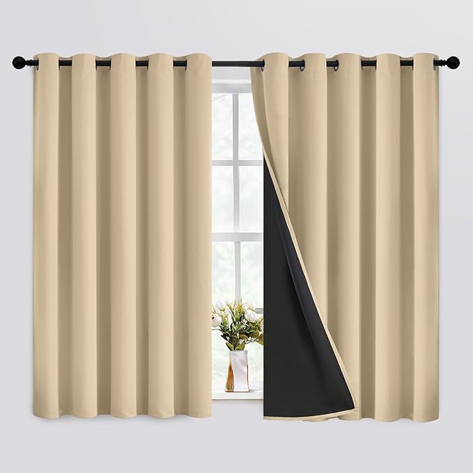 SimpleHome 100% Blackout Curtains for Bedroom,Thermal Insulated Beige Grommet Window Drapes Room Darkening Curtains for Living Room with Black Back,62 x 63 Inch,2 Panels