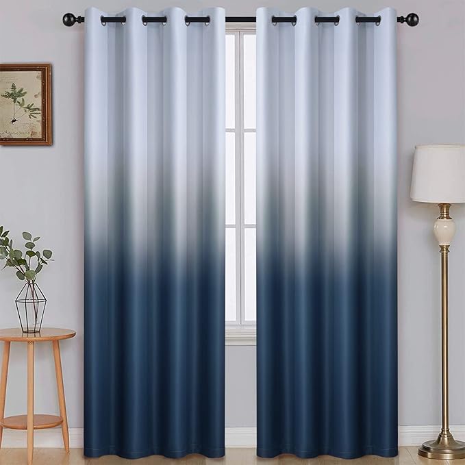 SimpleHome Ombre Curtains 52 x 84 Inch for Bedroom 2 Panels, Gradient Grey White to Navy Blue Light Blocking Thermal Insulated Grommet Room Darkening Window Curtain/Drapes for Living Room