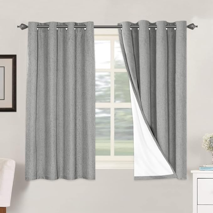 H.VERSAILTEX Linen Blackout Curtains 54 Inches Long 100% Blackout Thermal Insulated Textured Linen Look Curtain Draperies Anti-Rust Grommet, Energy Saving with White Liner, 2 Panels, Dove Gray