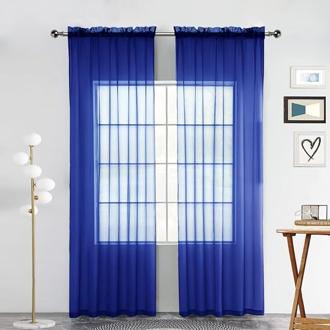 SpaceDresser Sheer Voile Window Treatment Rod Pocket Curtain Panels for Kitchen Bedroom Living Room Drapes Sunlight Filtering Privacy Semi Home Decor Assorted Colors Sizes (Sapphire, 52 W x 90 L)