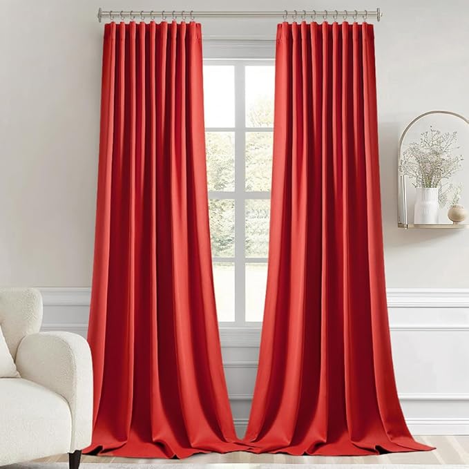 MIULEE Christmas Red Back Tab Blackout Curtain 96 Inch Long 2 Panels Set for Living Room Bedroom, Rod Pocket/Pinch Pleat Thermal Insulated Room Darkening Pleated Light Blocking Floor to Ceiling Drape
