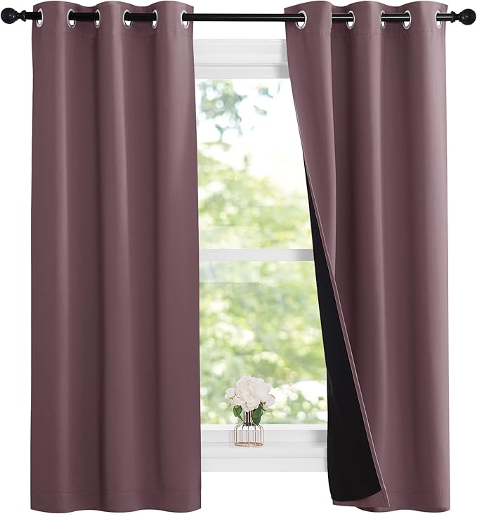NICETOWN Dry Rose 100% Blackout Lined Curtains, 2 Thick Layers Narrow Wide Window Treatment Panels Thermal Insulated Drapes for Kitchen Small Window (1 Pair, 37" Width x 63" Length Each Panel)