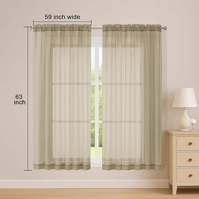 OWENIE Sheer Taupe Curtains, Sheer Curtains 63 inch Length 2 Panels Set, Rod Pocket Voile Fimly Sheer Drapes for Living Room Bedroom, 2pcs, Taupe, Each 59" W x 63" L