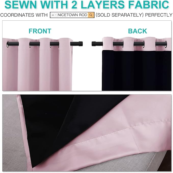 NICETOWN 100% Blackout Window Curtain Panels, Heat and Cold Blocking Drapes with Black Liner for Nursery, 84 inches Thermal Insulated Draperies (Lavender Pink, 2 Pieces, 70 inches Wide Each Panel)