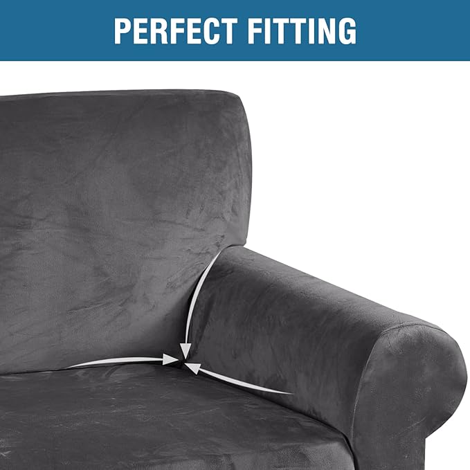 H.VERSAILTEX Stretch Velvet Loveseat Covers for 2 Cushion Couch Covers for Living Room Sofa Covers Slipcovers with Non Slip Bottom, Ultra Thick Comfy Velour (Width 58"-72", Grey)