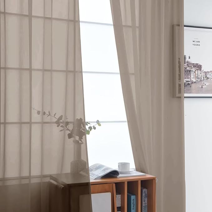 SpaceDresser Basic Rod Pocket Sheer Voile Window Curtain Panels Taupe 1 Pair 2 Panels 52 Width 72 Inch Long for Kitchen Bedroom Children Living Room Yard（Taupe, 52W x 72L）