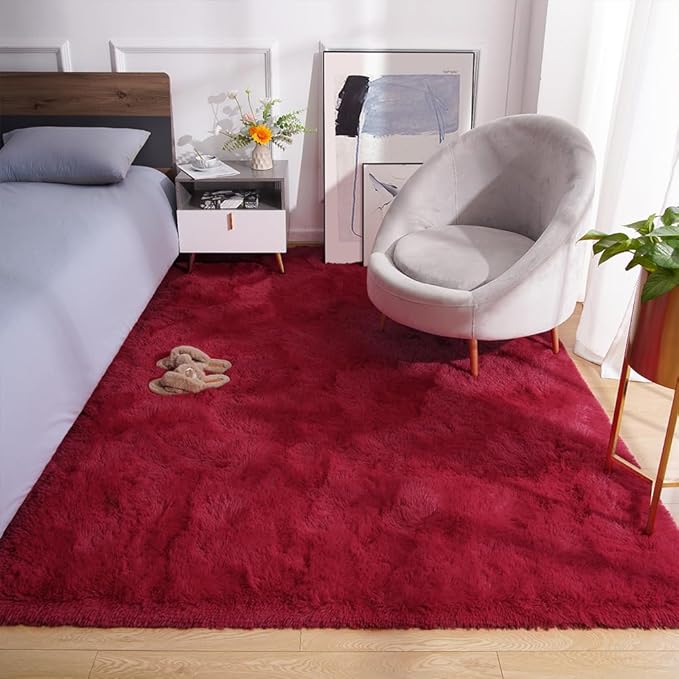 Amearea Shag Fluffy Area Rug for Bedroom Girls Living Room, Extra Soft and Fuzzy Shaggy Rugs, Non Slip, Solid Color Carpet Mat for Boys Nursery Home, Wine Red 5x8 Feet