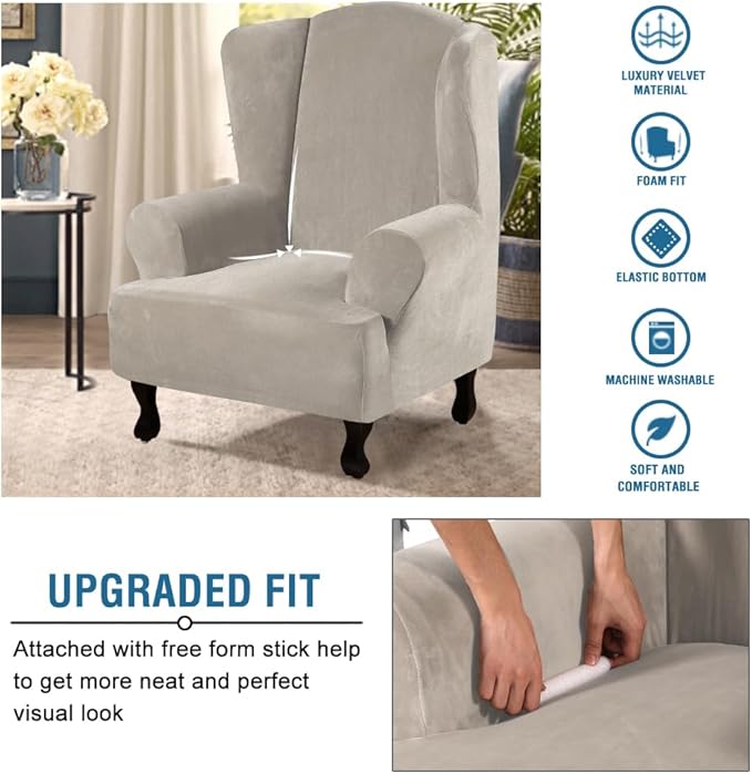 H.VERSAILTEX Wingback Chair Covers Velvet Plush Wing Chair Slipcover 1 Piece High Stretch Wing Back Chair Slipcovers Sofa Cover Furniture Cover with Elastic Bottom, French Oak