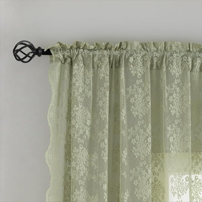 YJ YANJUN Vintage Lace Curtains 96 Inches Long- Victorian Floral Boho Green Sheer Curtain Panels for Living Room Closet Scalloped Drapes Floor Length Rod Pocket Privacy 1 Pair 52Wx96L Grey Green