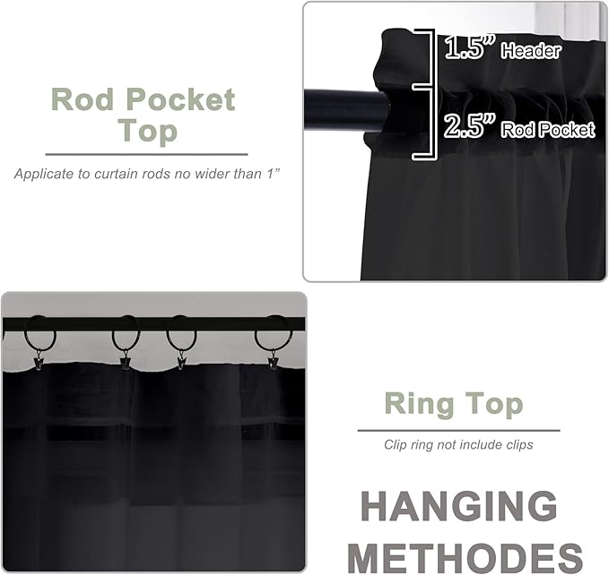 OWENIE Black Sheer Curtains 68 Inch Length 2 Panels Set for Bedroom Living Room, Light Filtering Voile Sheer Curtains, Airy Rod Pocket Farmhouse Curtain, Black, Each 42Wx68L inch