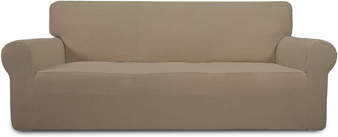 Easy-Going Stretch Oversized Sofa Slipcover 1-Piece Sofa Cover Furniture Protector Couch Soft with Elastic Bottom for Kids, Polyester Spandex Jacquard Fabric Small Checks Natural