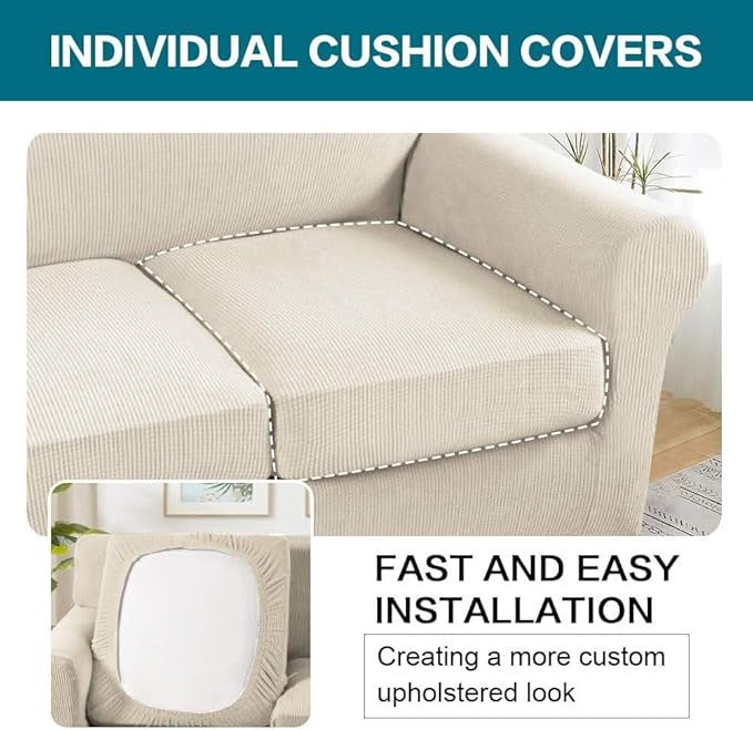 Turquoize 4 Piece Couch Cover Sofa Covers for 3 Cushion Couch Sofa Slipcovers Washable Sofa Cover for Dogs with Individual Couch Cushion Covers Feature Jacquard Fabric(3 Cushion Sofa, Biscotti Beige)