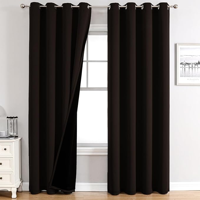 ChrisDowa 100% Blackout Curtains for Bedroom with Black Liner, 2 Thick Layers Total Blackout Thermal Insulated Grommet Window Curtains 2 Panels Set (Brown, 52 x 84 Inch)