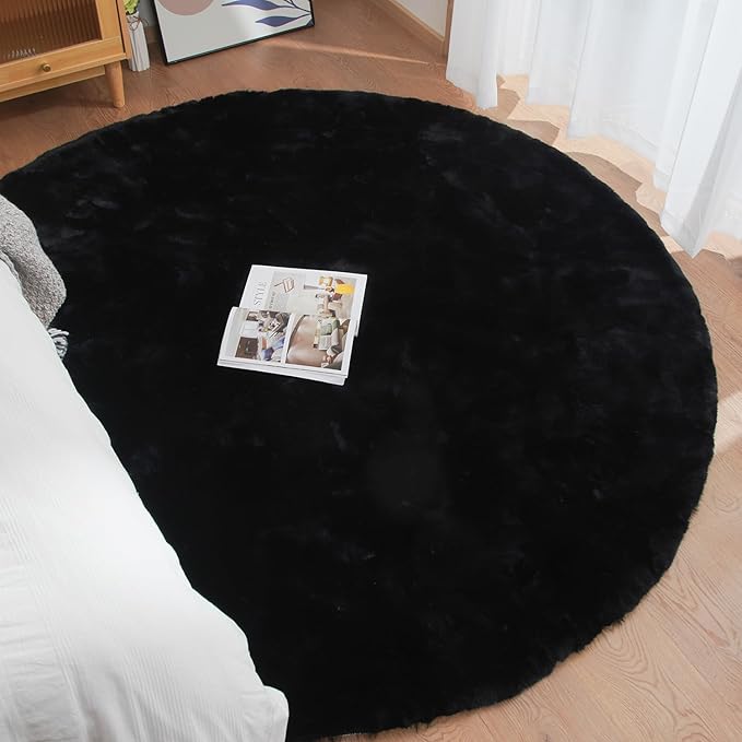 ORINOVA Round Rugs 6ft Faux Rabbit Fur Rug Fluffy Rug for Bedroom Black Faux Fur Machine Washable Area Rugs Living Room Teen Room Home Decor