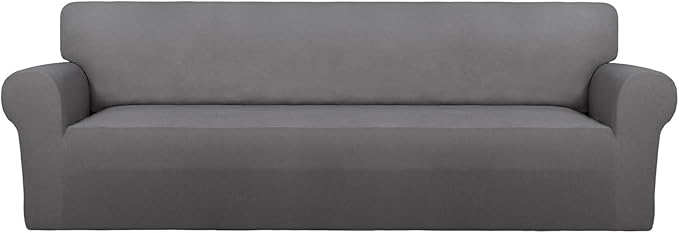 PureFit Super Stretch 4 Seater Sofa Slipcover – Spandex Non Slip Soft Couch Sofa Cover, Washable Furniture Protector with Non Skid Foam and Elastic Bottom for Kids, Pets （XX Large, Light Gray）