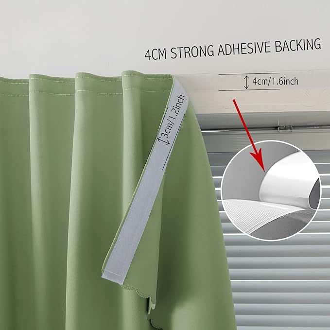 Magic Tape Blackout Curtains for Bedroom No Drillng Self Adhesive Curtains No Rod Small Window, 35" W X 59" L, Sage Green, 1 Panel