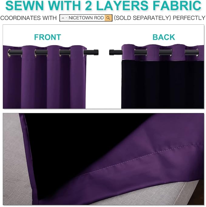 NICETOWN 100% Blackout Curtains with Black Liner Backing, Thermal Insulated Curtains for Living Room, Noise Reducing Drapes, Royal Purple, 70 inches Wide x 108 inches Long Per Panel, Set of 2