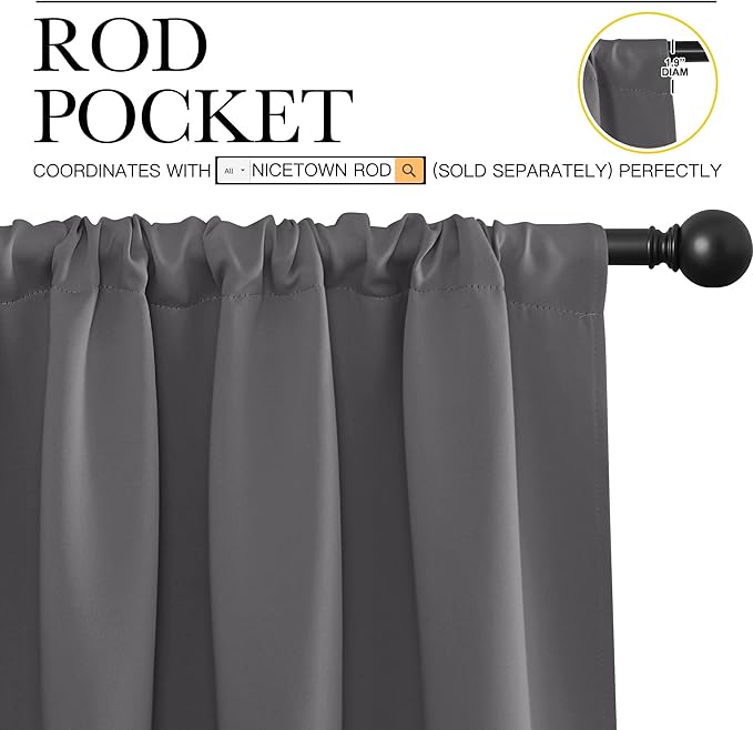 NICETOWN Grey Window Curtains for Bedroom - Home Decoration Thermal Insulated Rod Pocket Blackout Blinds & Drapes for Small Windows (Gray, 2 Panels, W34 x L72 -Inch)
