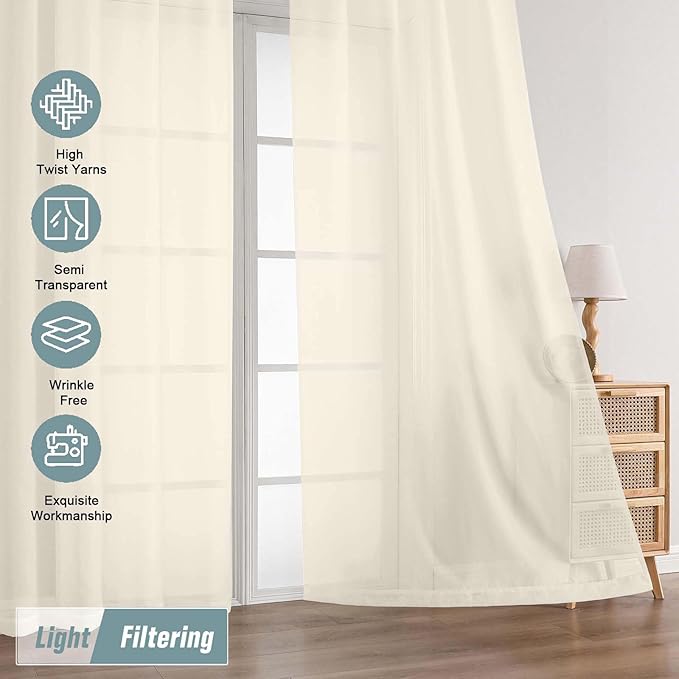 Cream Sheer Curtains 120 Inches Long 2 Panels, Extra Long Light Filtering Modern Window Curtains for Sliding Glass Door, Rod Pocket Voile Drapes for Living Room Bedroom, 2x42Wx120L Inches