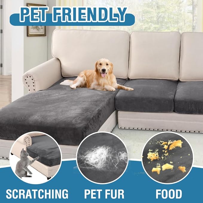 H.VERSAILTEX Velvet Stretch Sectional Couch Covers 3 Pieces Sofa Seat Cushion Covers L Shape Separate Cushion Couch Cover for Both Left/Right Sectional Couch (Large Sofa 2 Seater + 1 Chaise, Grey)