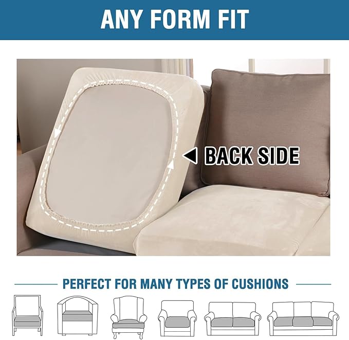 H.VERSAILTEX Velvet Stretch Couch Cushion Cover Plush Cushion Slipcover for Chair Loveseat Sofa Cushion Furniture Protector Seat Cushion Sofa Cover (3 Piece XL Sofa Cushion Covers, Cream)