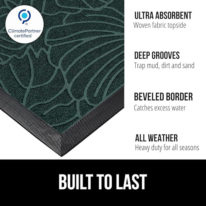 GORILLA GRIP 100% Waterproof All-Season WeatherMAX Doormat US Designed Natural Rubber, Stain and Fade Resistant, Low Profile Indoor Outdoor Door Mats, Easy Clean Patio Mat, 29x17, Green Palm