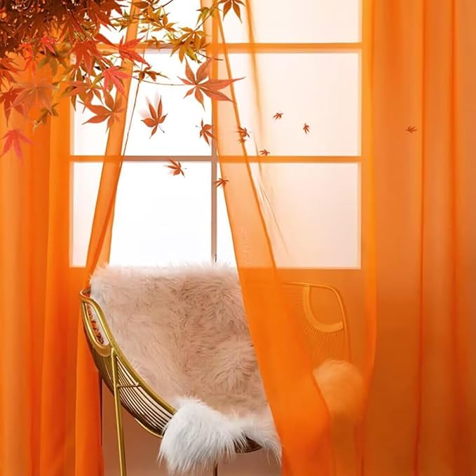 SpaceDresser Basic Rod Pocket Sheer Voile Window Curtain Panels Orange 2 Panels 52 Width 54 Inch Long for Kitchen Bedroom Children Living Room Yard(Orange,52 W x 54 L)