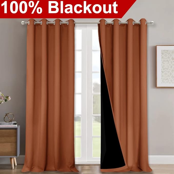 NICETOWN 100% Blackout Curtains for Windows, Pack of 2, Burnt Orange, 52" W x 120" L, Super Heavy-Duty Black Lined Total Darkness Drapes for Bedroom, Privacy Assured Window Treatment for Patio