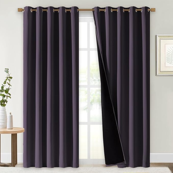 NICETOWN 100% Blackout Window Curtain Panels, Greyish Purple, 2 Pieces, 70" Wide Each Panel, Cold and Full Light Blocking Drapes with Black Liner for Nursery, 84" Drop Thermal Insulated Draperies