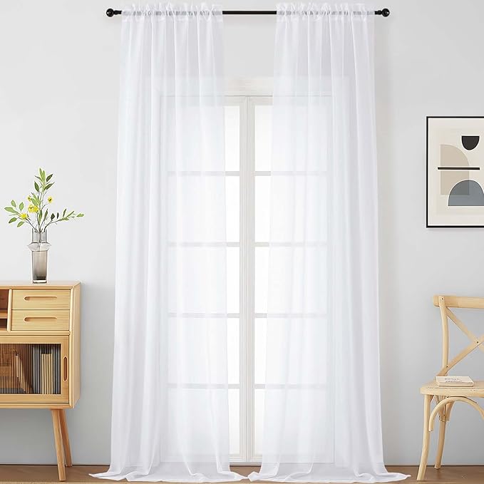 White Sheer Curtains 120 Inches Long 2 Panels, Extra Long Light Filtering Modern Window Curtains for Sliding Glass Door, Rod Pocket Voile Drapes for Living Room Bedroom, 2x42Wx120L Inches
