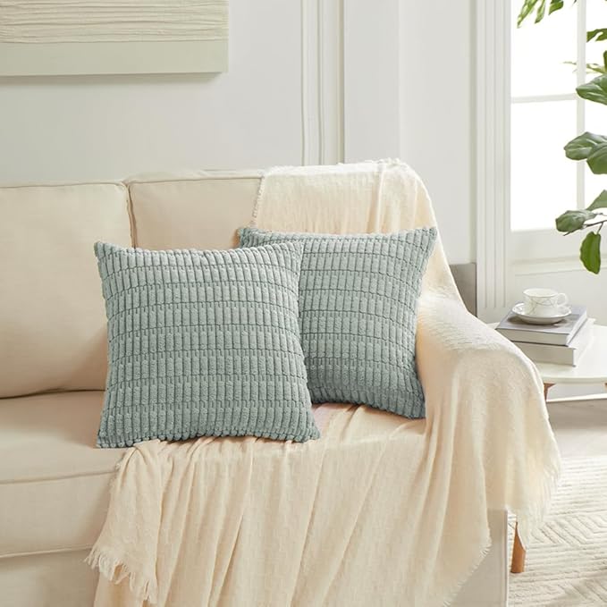 Fancy Homi 4 Packs Grey Blue Euro Decorative Throw Pillow Covers 26x26 Inch for Living Room Couch Bed Sofa, Rustic Famhouse Boho Home Decor, Soft Striped Corduroy Square Cushion Case 66x66 cm
