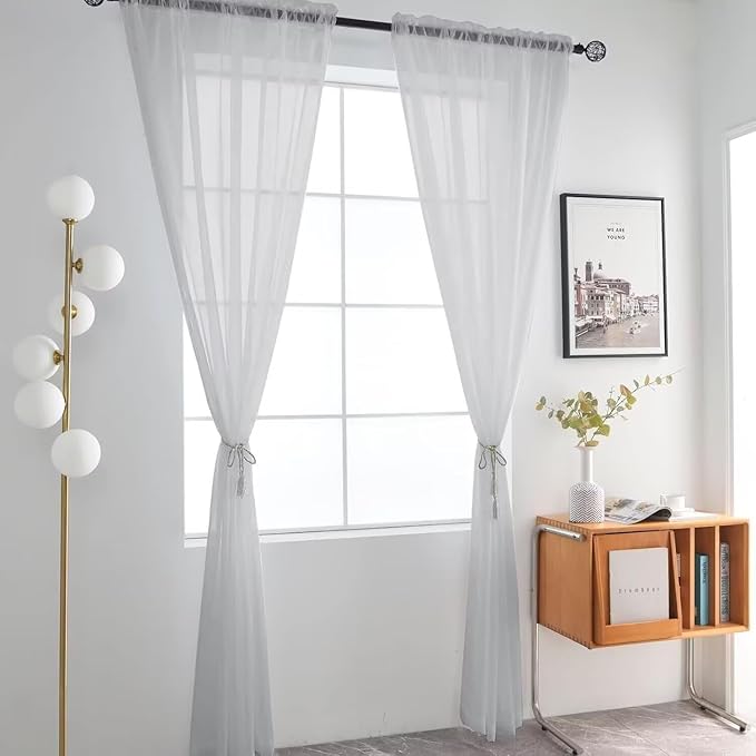 SpaceDresser Basic Rod Pocket Sheer Voile Window Curtain Panels Silver Grey 1 Pair 2 Panels 52 Width 36 Inch Long for Kitchen Bedroom Children Living Room Yard（Silver Grey, 52W x 36L）