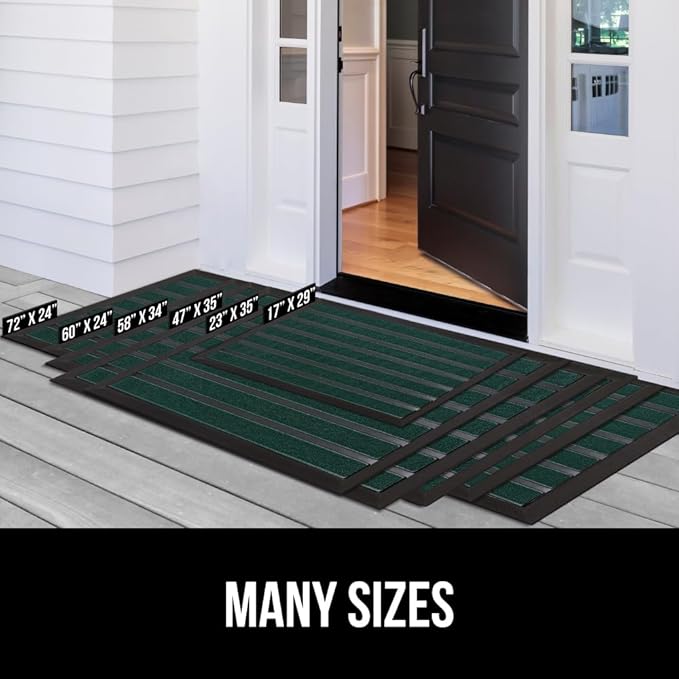 GORILLA GRIP 100% Waterproof All-Season WeatherMAX Doormat US Designed Natural Rubber, Stain and Fade Resistant, Low Profile Indoor Outdoor Door Mats, Easy Clean Patio Mat, 23x35, Green Stripe
