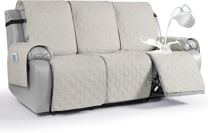 VANSOFY Waterproof Recliner Couch Covers, Sofa Covers Non-Slip 1-Piece Washable Reclining Sofa Cover Furniture Protector with Elastic Straps Pocket for Dogs, Pets(Beige,3 Seater)