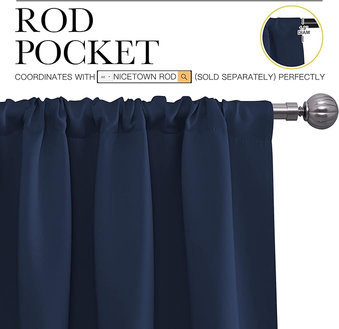 NICETOWN Bedroom Curtains Blackout Draperies, Home Decorations Thermal Insulated Solid Pole Top Blackout Drapes for Living Room (Navy, 1 Pair, 34-inch W x 63-inch L)