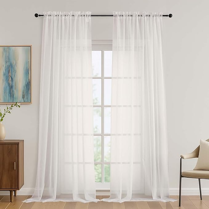 OVZME Ivory Bedroom Curtains 96 Length for Farmhouse, 59 Inch Extra Wide Light Filtering Voile Drapes Light Airy Window Decor for Patio Door Living Room Bedroom Dining, 59Wx96L Inches