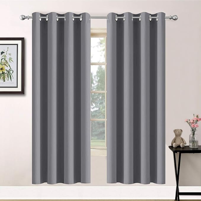 Yakamok Blackout Curtains 63 inch Length for Living Room, Light Blocking Grey Thermal Insulated Drapes with Grommets Top Window Treament Curtain for Bedroom(Gray, 52W x 63L, One Pair)