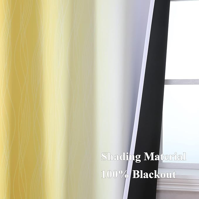 Estelar Textiler Room Darkening Gradient Blackout Curtains 72 Inch Length 2 Panels Set, Ombre Yellow and Greyish White Thermal Insulated Light Blocking Grommet Blackout Drapes for Bedroom, 52Wx72L