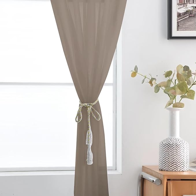 SpaceDresser Basic Rod Pocket Sheer Voile Window Curtain Panels Taupe 1 Pair 2 Panels 52 Width 63 Inch Long for Kitchen Bedroom Children Living Room Yard（Taupe, 52W x 63L）